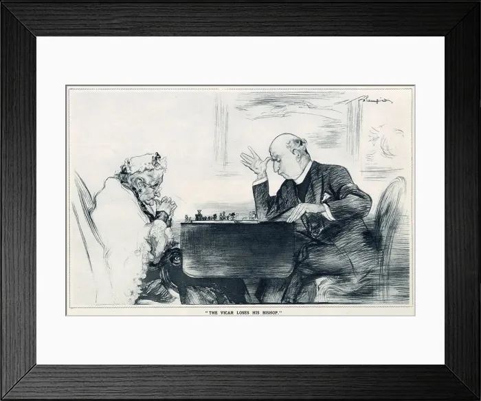 Framed Print : Leaves from Life: a New Series of Studies by Edmund Blampied. A Vicar being challenged in a chess match against an elderly woman. Date: 1933 Framed Print : Leaves from Life: a New Series of Studies by Edmund Blampied. A Vicar being challenged in a chess match against an elderly woman. Date: 1933
