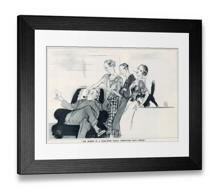 Framed Print : The Winner of a Cross-Word Competition-with cheque by Edmund Blampied Leaves from Life: a New Series of Studies by Edmund Blampied. A smug cross-word puzzle winner being congratulated. Date: 1933