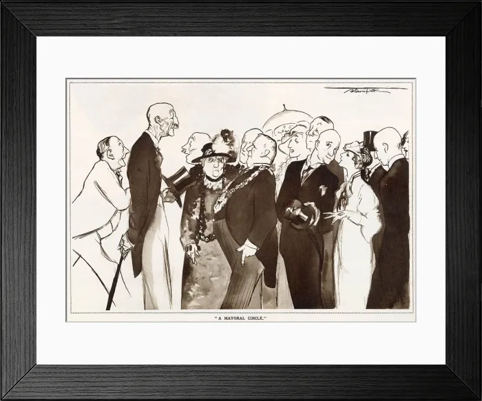 Framed Print : Leaves from Life: a New Series of Studies by Edmund Blampied. A line of wealthy citizens waiting to see the mayor. Date: 1933 Framed Print : Leaves from Life: a New Series of Studies by Edmund Blampied. A line of wealthy citizens waiting to see the mayor. Date: 1933