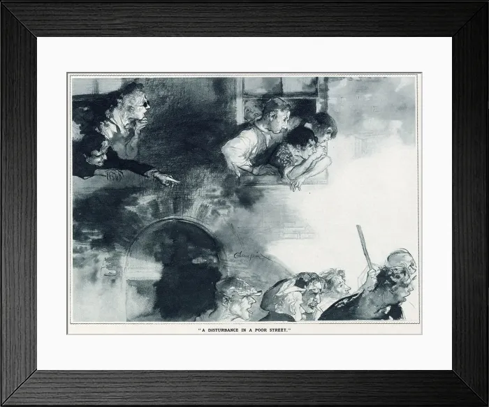 Framed Print : Leaves from Life: a New Series of Studies by Edmund Blampied. Families from a poor street in London being disturbed by a commotion from outside. Date: 1933 Framed Print : Leaves from Life: a New Series of Studies by Edmund Blampied. Families from a poor street in London being disturbed by a commotion from outside. Date: 1933