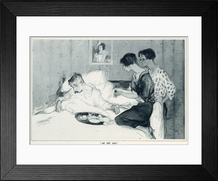 Framed Print : Leaves from Life: a New Series of Studies by Edmund Blampied. A sick man off work being tended to by two women. Date: 1933 Framed Print : Leaves from Life: a New Series of Studies by Edmund Blampied. A sick man off work being tended to by two women. Date: 1933