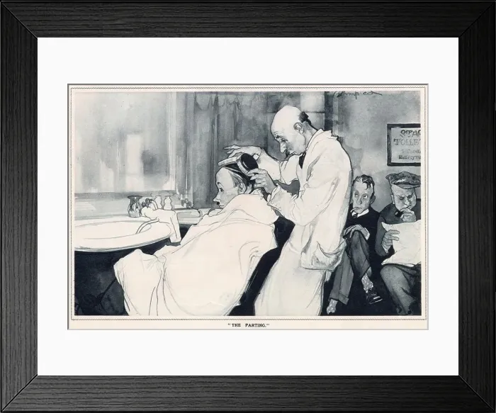 Framed Print : Leaves from Life: a New Series of Studies by Edmund Blampied.'A man getting his hair done in his local barber's shop. Date: 1933 Framed Print : Leaves from Life: a New Series of Studies by Edmund Blampied.'A man getting his hair done in his local barber's shop. Date: 1933