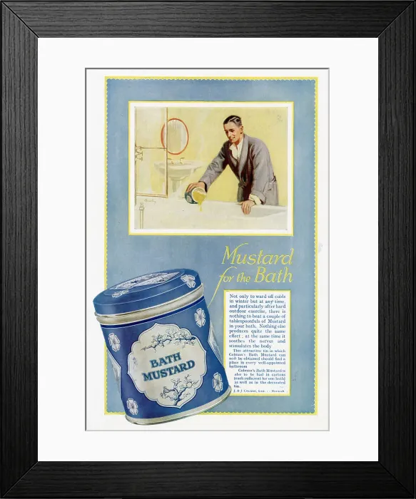 Framed Print : The Colman's Bath Mustard, recommending its soothing and stimulating properties in a warm bath. Showing a man pouring a couple of tablepoons of Colman's Bath Mustard into his hot bath. Date: 1925 Framed Print : The Colman's Bath Mustard, recommending its soothing and stimulating properties in a warm bath. Showing a man pouring a couple of tablepoons of Colman's Bath Mustard into his hot bath. Date: 1925