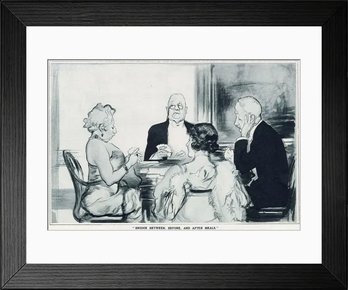 Framed Print : Leaves from Life: a New Series of Studies by Edmund Blampied. Two wealthy couples playing a game of cards at dinner time. Date: 1933 Framed Print : Leaves from Life: a New Series of Studies by Edmund Blampied. Two wealthy couples playing a game of cards at dinner time. Date: 1933