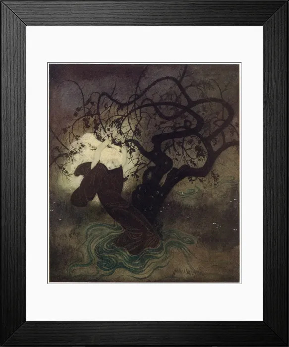 Framed Print : The Buried Moon: An English fairy tale. In her frantic struggles, the hood of her cloak fell back from her dazzling golden hair, and immediately the whole place was flooded with light. The moon trapped in the bog. Illustration by Edmund Dulac Framed Print : The Buried Moon: An English fairy tale. In her frantic struggles, the hood of her cloak fell back from her dazzling golden hair, and immediately the whole place was flooded with light. The moon trapped in the bog. Illustration by Edmund Dulac
