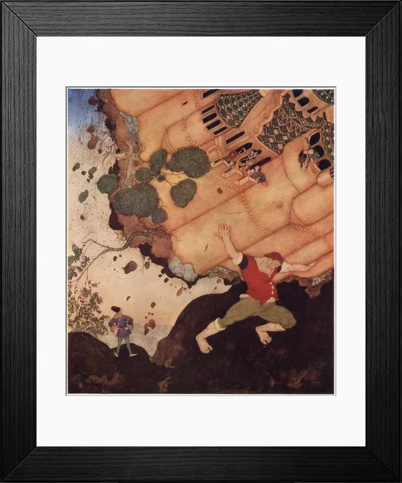 Framed Print : The Seven Conquerors of the Queen of the Mississippi: A Belgian fairy tale. Hi! Friend! Take the whole castle, with the Queen and all that it contains, on your shoulders! Illustration by Edmund Dulac. Date: 1916 Framed Print : The Seven Conquerors of the Queen of the Mississippi: A Belgian fairy tale. Hi! Friend! Take the whole castle, with the Queen and all that it contains, on your shoulders! Illustration by Edmund Dulac. Date: 1916