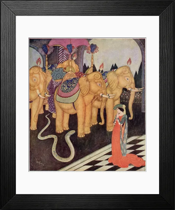 Framed Print : The Serpent Prince: An Italian fairy tale. When Grannmia saw her strange lover, she alone remained calm and courageous. The king's daughter is betrothed to the adopted serpent son of a poor forester. Illustration by Edmund Dulac. Date: 1916 Framed Print : The Serpent Prince: An Italian fairy tale. When Grannmia saw her strange lover, she alone remained calm and courageous. The king's daughter is betrothed to the adopted serpent son of a poor forester. Illustration by Edmund Dulac. Date: 1916