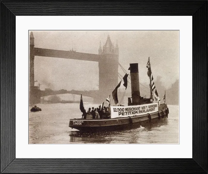 Framed Print : Signed by more than twelve-thousand British Merchant Navy Officers and ten-thousand members of the public. The tug boat Britannia. on the River Thames on its way to Parliament Date: 30th November 1933 Framed Print : Signed by more than twelve-thousand British Merchant Navy Officers and ten-thousand members of the public. The tug boat Britannia. on the River Thames on its way to Parliament Date: 30th November 1933