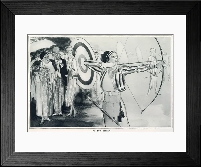 Framed Print : Leaves from Life: a New Series of Studies by Edmund Blampied. A woman at a females competition of archery. Date: 1933 Framed Print : Leaves from Life: a New Series of Studies by Edmund Blampied. A woman at a females competition of archery. Date: 1933
