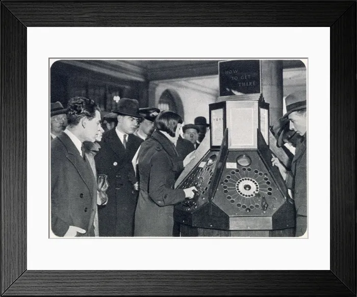 Framed Print : Photograph showing a queue of passengers waiting to use the new mechanical informator at Charing Cross Underground Station Framed Print : Photograph showing a queue of passengers waiting to use the new mechanical informator at Charing Cross Underground Station