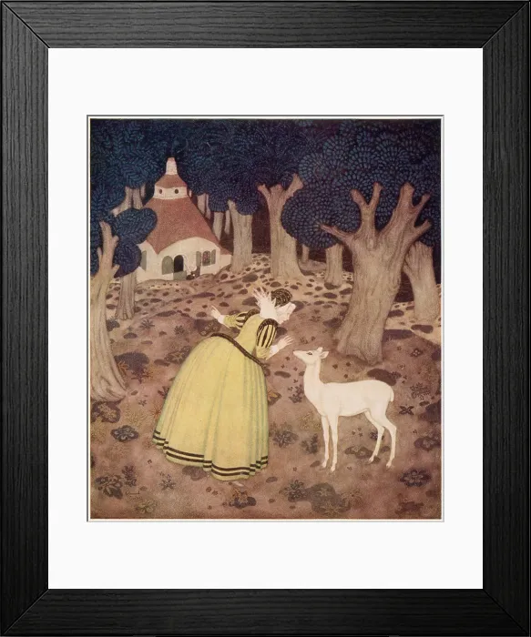 Framed Print : The Hind of the Wood, a French fairy tale. Girofle thanked the fairy and went... far into the wood; and there, sure enough, she saw a hut and an old woman sitting outside. Illustration by Edmund Dulac. Date: 1916 Framed Print : The Hind of the Wood, a French fairy tale. Girofle thanked the fairy and went... far into the wood; and there, sure enough, she saw a hut and an old woman sitting outside. Illustration by Edmund Dulac. Date: 1916