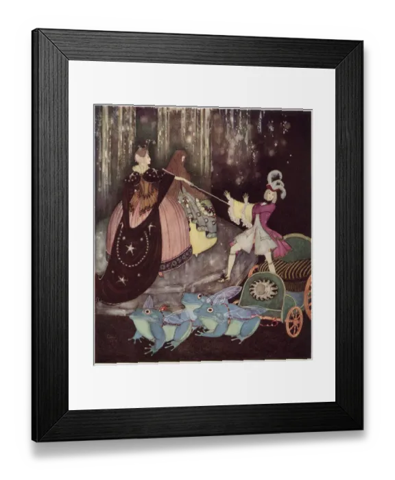 Framed Print : The Blue Bird, a French fairy tale. The Prince took a carriage drawn by three great frogs with great big wings...Truitonne came out mysteriously by a little door. Illustration by Edmund Dulac. Date: 1916 Framed Print : The Blue Bird, a French fairy tale. The Prince took a carriage drawn by three great frogs with great big wings...Truitonne came out mysteriously by a little door. Illustration by Edmund Dulac. Date: 1916