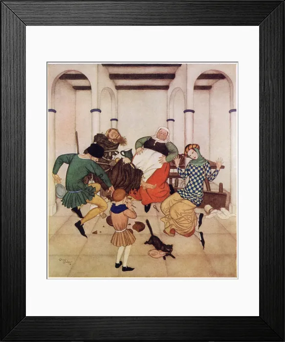 Framed Print : The Friar and the Boy, an English fairy tale. The Friar, bound fast to the post, squirmed and wriggled, showing plainly that he would foot it if he could. The boy plays the magic pipes that make everyone dance until he stops playing Framed Print : The Friar and the Boy, an English fairy tale. The Friar, bound fast to the post, squirmed and wriggled, showing plainly that he would foot it if he could. The boy plays the magic pipes that make everyone dance until he stops playing