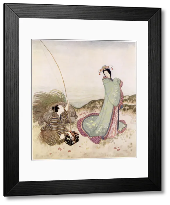 Framed Print : Urashima Taro, a Japanese fairy tale. Urashima was so enchanted that he could not speak a word. Urashima, the young fisherman, is captivated by the princess of the Dragon King of the Sea's palace. Illustration by Edmund Dulac. Date: 1916 Framed Print : Urashima Taro, a Japanese fairy tale. Urashima was so enchanted that he could not speak a word. Urashima, the young fisherman, is captivated by the princess of the Dragon King of the Sea's palace. Illustration by Edmund Dulac. Date: 1916