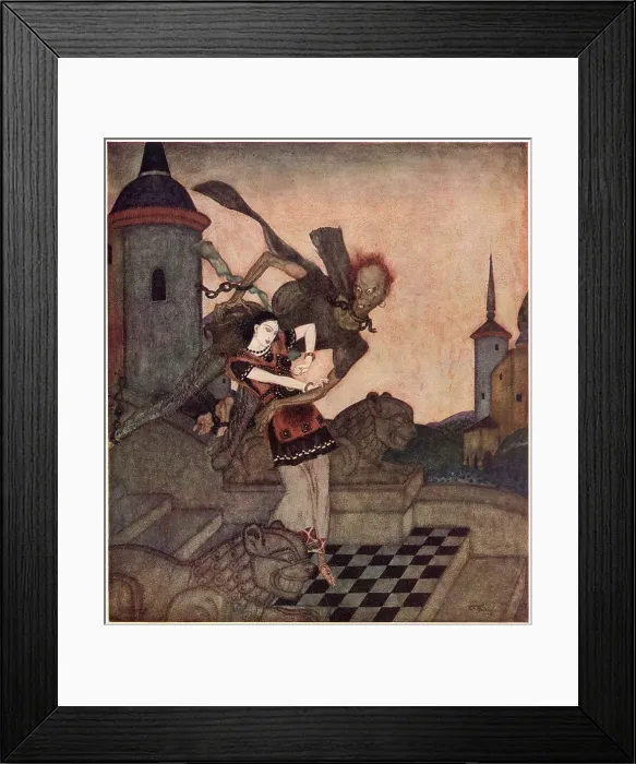 Framed Print : The Story of Bashtchelik (or, Real Steel), a Serbian fairy tale. The Prince, looking out, saw him snatch up the Princess... and soar rapidly away. Illustration by Edmund Dulac. Date: 1916 Framed Print : The Story of Bashtchelik (or, Real Steel), a Serbian fairy tale. The Prince, looking out, saw him snatch up the Princess... and soar rapidly away. Illustration by Edmund Dulac. Date: 1916