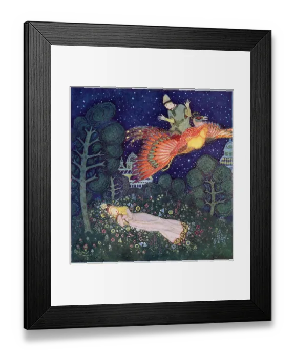 Framed Print : The Fire Bird, a Russian fairy tale. There he found the Princess asleep and saw that her face was the face he had seen in the portrait. The Prince is carried away by the Fire Bird on his fifteenth birthday and sees the Princess asleep Framed Print : The Fire Bird, a Russian fairy tale. There he found the Princess asleep and saw that her face was the face he had seen in the portrait. The Prince is carried away by the Fire Bird on his fifteenth birthday and sees the Princess asleep