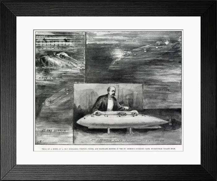Framed Print : Trial of a model of a new submarine torpedo-vessel and blockade runner by Mr. Seymour Allan at St. George's Swimming Bath, Buckingham Palace Road, London. Date: 1896 Framed Print : Trial of a model of a new submarine torpedo-vessel and blockade runner by Mr. Seymour Allan at St. George's Swimming Bath, Buckingham Palace Road, London. Date: 1896