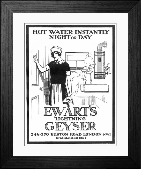 Framed Print : Hot water instantly night and day. Date: 1926 Framed Print : Hot water instantly night and day. Date: 1926