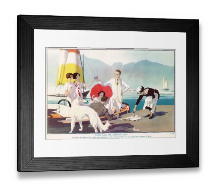 Framed Print : A maid pouring some wine to a group of young people on a motor boat on Lac Leman in Switzerland's Riviera. Date: 1926 Framed Print : A maid pouring some wine to a group of young people on a motor boat on Lac Leman in Switzerland's Riviera. Date: 1926