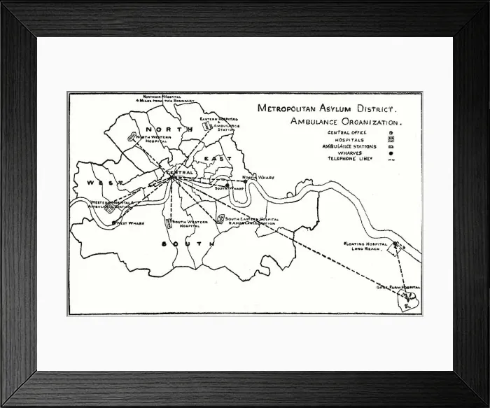 Framed Print : Map showing the organisation of the London's Metropolitan Asylums Board's ambulance network and the location of the Board's fever and diphtheria hospitals. Date: 1891 Framed Print : Map showing the organisation of the London's Metropolitan Asylums Board's ambulance network and the location of the Board's fever and diphtheria hospitals. Date: 1891