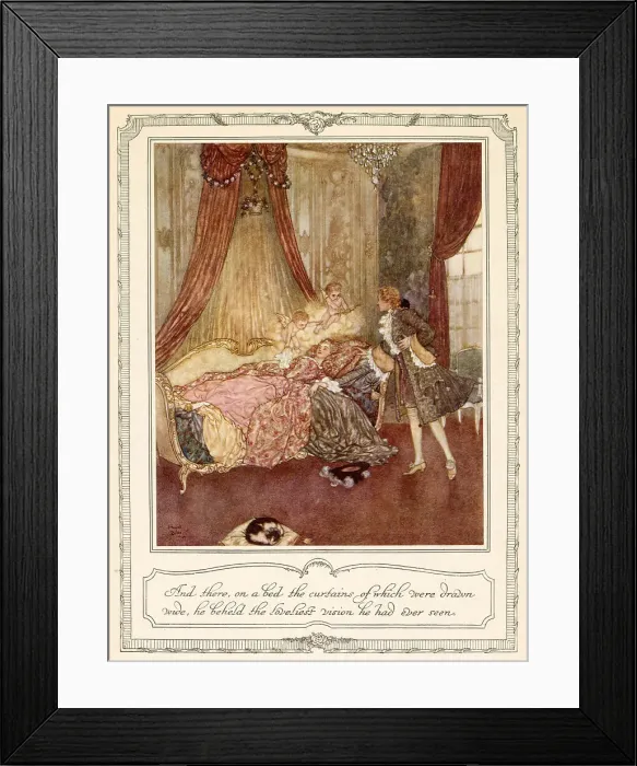 Framed Print : And there, on a bed the curtain of which were drawn wide, he beheld the loveliest vision he had ever seen. The Prince finds Sleeping Beauty slumbering. Date: 1911 Framed Print : And there, on a bed the curtain of which were drawn wide, he beheld the loveliest vision he had ever seen. The Prince finds Sleeping Beauty slumbering. Date: 1911