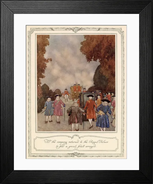 Framed Print : All thecompany returned to the Royal Palace to find a great feast arrayed. Illustration by Edmund Dulac to The Sleeping Beauty. Date: 1911 Framed Print : All thecompany returned to the Royal Palace to find a great feast arrayed. Illustration by Edmund Dulac to The Sleeping Beauty. Date: 1911