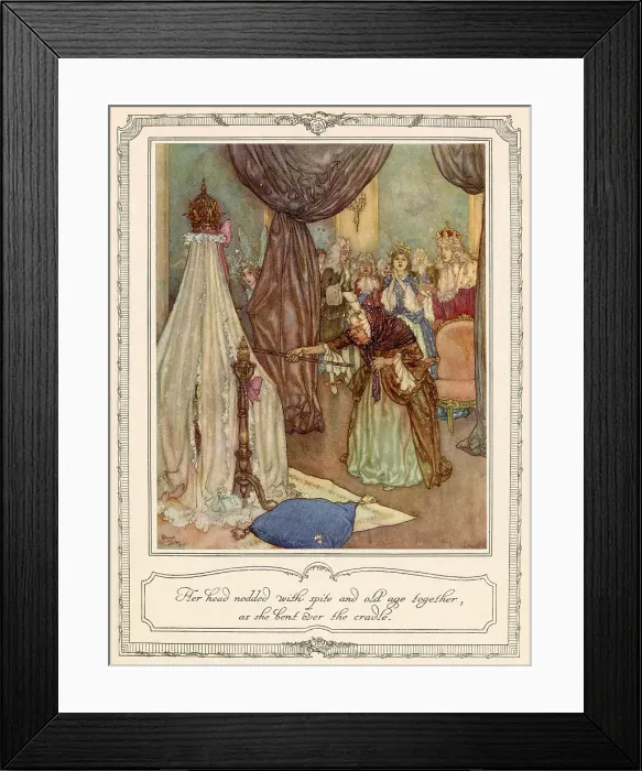 Framed Print : Her head nodded with spite and old age together, as she bent over the cradle. The wicked fairy, excluded from the christening of the baby princess, casts a curse on her. Date: 1911 Framed Print : Her head nodded with spite and old age together, as she bent over the cradle. The wicked fairy, excluded from the christening of the baby princess, casts a curse on her. Date: 1911