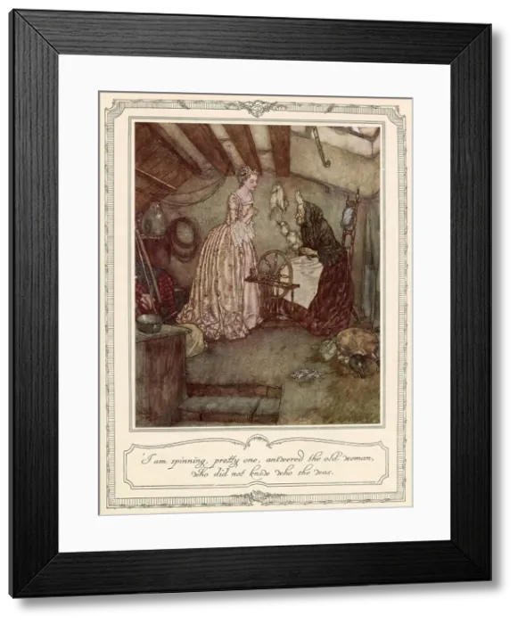 Framed Print : I am spinning, pretty one, answered the old woman, who did not know who she was. Sleeping Beauty meets the old woman with the spinning wheel. Date: 1911 Framed Print : I am spinning, pretty one, answered the old woman, who did not know who she was. Sleeping Beauty meets the old woman with the spinning wheel. Date: 1911