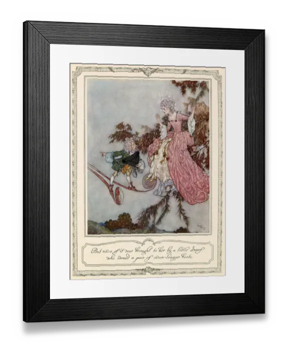 Framed Print : But news of it was brought to her by the little dwarf, who owned a pair of seven-league boots. Illustration by Edmund Dulac to Sleeping Beauty. Date: 1911 Framed Print : But news of it was brought to her by the little dwarf, who owned a pair of seven-league boots. Illustration by Edmund Dulac to Sleeping Beauty. Date: 1911