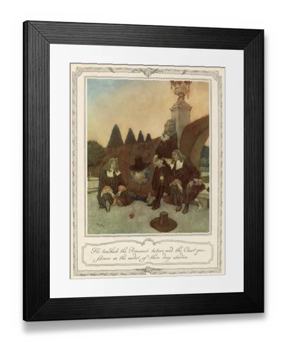 Framed Print : She touched the Princess's tutors and the Court professors in the midst of their deep studies. Scene from Sleeping Beauty, illustrated by Edmund Dulac. Date: 1911