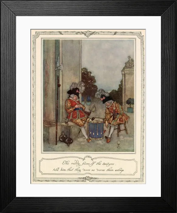 Framed Print : The ruddy faces of the Switzers told him that they were no worse than asleep. Scene from Sleeping Beauty illustrated by Edmund Dulac. Date: 1911 Framed Print : The ruddy faces of the Switzers told him that they were no worse than asleep. Scene from Sleeping Beauty illustrated by Edmund Dulac. Date: 1911
