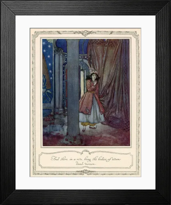 Framed Print : And there, in a row, hung the bodies of seven dead women. Scene from Bluebeard illustrated by Edmund Dulac. Date: 1911 Framed Print : And there, in a row, hung the bodies of seven dead women. Scene from Bluebeard illustrated by Edmund Dulac. Date: 1911