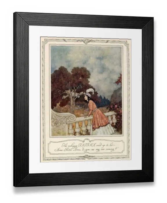 Framed Print : The unhappy FATIMA cried up to her:- Anne, Sister Anne, do you see any one coming? Scene from Bluebeard illustrated by Edmund Dulac. Date: 1911 Framed Print : The unhappy FATIMA cried up to her:- Anne, Sister Anne, do you see any one coming? Scene from Bluebeard illustrated by Edmund Dulac. Date: 1911