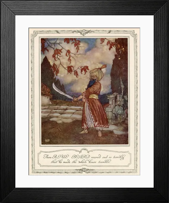 Framed Print : The BLUE BEARD roared out so terribly that he made the whole house tremble. Scene from Bluebeard illustrated by Edmund Dulac. Date: 1911 Framed Print : The BLUE BEARD roared out so terribly that he made the whole house tremble. Scene from Bluebeard illustrated by Edmund Dulac. Date: 1911