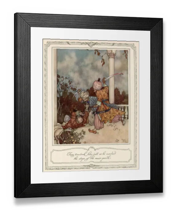 Framed Print : They overtook him just as he reached the steps of the main porch. Scene from Bluebeard illustrated by Edmund Dulac. Date: 1911 Framed Print : They overtook him just as he reached the steps of the main porch. Scene from Bluebeard illustrated by Edmund Dulac. Date: 1911