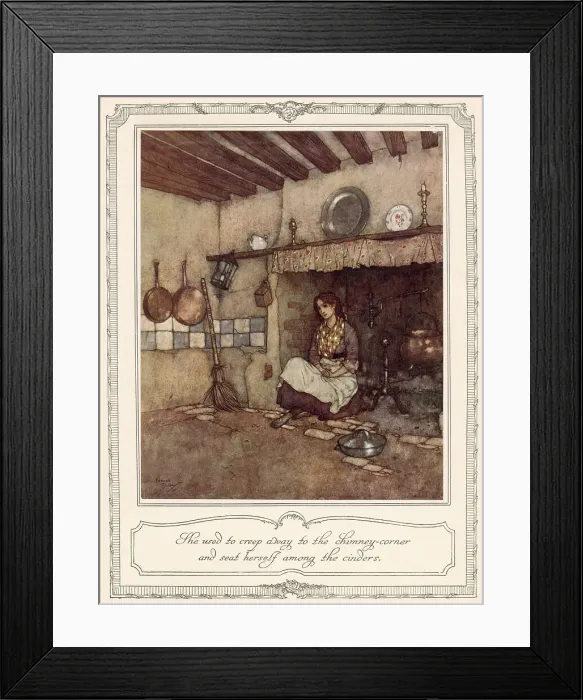 Framed Print : She used to creep away to the chimney-corner and seat herself among the cinders. Scene from Cinderella illustrated by Edmund Dulac. Date: 1911 Framed Print : She used to creep away to the chimney-corner and seat herself among the cinders. Scene from Cinderella illustrated by Edmund Dulac. Date: 1911