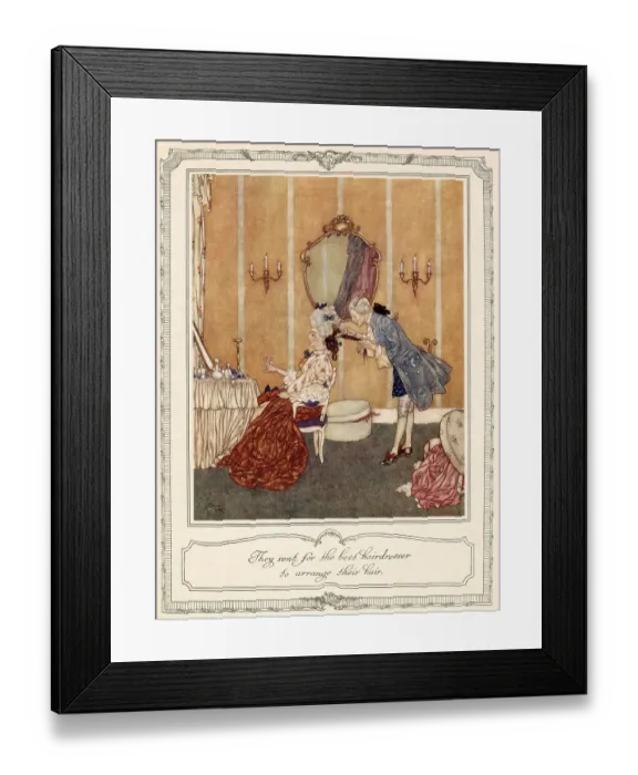 Framed Print : They sent for the best hairdresser to arrange their hair. Cinderella's stepmother prepares for the ball. Illustration by Edmund Dulac. Date: 1911 Framed Print : They sent for the best hairdresser to arrange their hair. Cinderella's stepmother prepares for the ball. Illustration by Edmund Dulac. Date: 1911