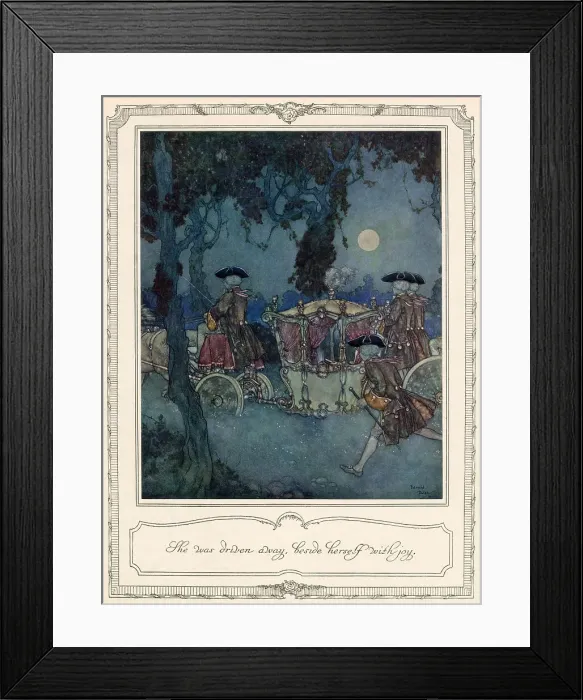 Framed Print : She was driven away, beside herself with joy. Cinderella goes to the ball, in a fine coach, courtesy of her fairy godmother. Illustration by Edmund Dulac. Date: 1911 Framed Print : She was driven away, beside herself with joy. Cinderella goes to the ball, in a fine coach, courtesy of her fairy godmother. Illustration by Edmund Dulac. Date: 1911