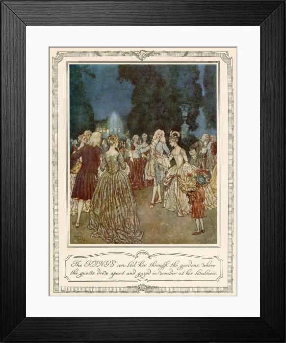 Framed Print : The KING'S son led her through the gardens, where the guests drew apart and gazed in wonder at her loveliness. Cinderella captivates everyone at the ball, including the Prince. Scene from Cinderella illustrated by Edmund Dulac Framed Print : The KING'S son led her through the gardens, where the guests drew apart and gazed in wonder at her loveliness. Cinderella captivates everyone at the ball, including the Prince. Scene from Cinderella illustrated by Edmund Dulac
