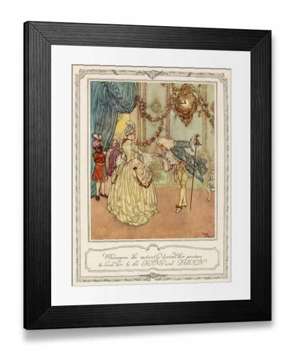 Framed Print : Whereupon she instantly desired her partner to lead her to the KING and QUEEN. Cinderella is introduced to the King and Queen at the ball. Scene from Cinderella by Edmund Dulac. Date: 1911 Framed Print : Whereupon she instantly desired her partner to lead her to the KING and QUEEN. Cinderella is introduced to the King and Queen at the ball. Scene from Cinderella by Edmund Dulac. Date: 1911