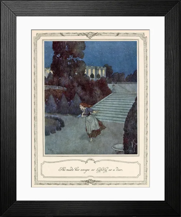 Framed Print : She made her escape as lightly as a deer. Cinderella flees from the ball when the clock strikes midnight. Illustration by Edmund Dulac. Date: 1911 Framed Print : She made her escape as lightly as a deer. Cinderella flees from the ball when the clock strikes midnight. Illustration by Edmund Dulac. Date: 1911