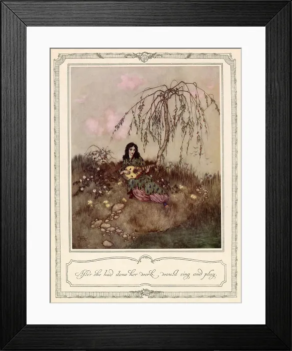 Framed Print : After she had done her work, would sing and play'. Scene from Beauty and the Beast illustrated by Edmund Dulac. Date: 1911 Framed Print : After she had done her work, would sing and play'. Scene from Beauty and the Beast illustrated by Edmund Dulac. Date: 1911
