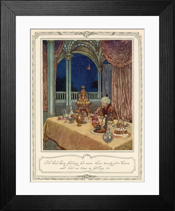 Framed Print : He had been fasting for more than twenty-four hours, and lost no time in falling to. Scene from Beauty and the Beast illustrated by Edmund Dulac. Date: 1911 Framed Print : He had been fasting for more than twenty-four hours, and lost no time in falling to. Scene from Beauty and the Beast illustrated by Edmund Dulac. Date: 1911
