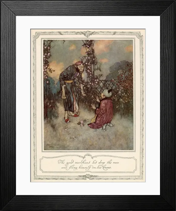 Framed Print : The good merchant let drop the rose and flung himself on his knees. Scene from Beauty and the Beast illustrated by Edmund Dulac in which the merchant (Beauty's father) is caught picking a rose by the Beast. Date: 1911 Framed Print : The good merchant let drop the rose and flung himself on his knees. Scene from Beauty and the Beast illustrated by Edmund Dulac in which the merchant (Beauty's father) is caught picking a rose by the Beast. Date: 1911