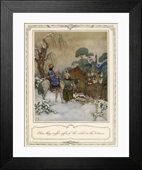 Framed Print : Soon they caught sight of the calendar in the distance. Beauty is brought to the Beast's castle by her father. Scene from Beauty and the Beast illustrated by Edmund Dulac. Date: 1911 Framed Print : Soon they caught sight of the calendar in the distance. Beauty is brought to the Beast's castle by her father. Scene from Beauty and the Beast illustrated by Edmund Dulac. Date: 1911