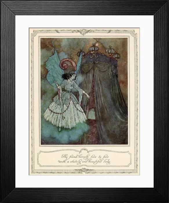 Framed Print : She found herself face to face with a stately and beautiful lady. Scene from Beauty and the Beast illustrated by Edmund Dulac. Date: 1911 Framed Print : She found herself face to face with a stately and beautiful lady. Scene from Beauty and the Beast illustrated by Edmund Dulac. Date: 1911