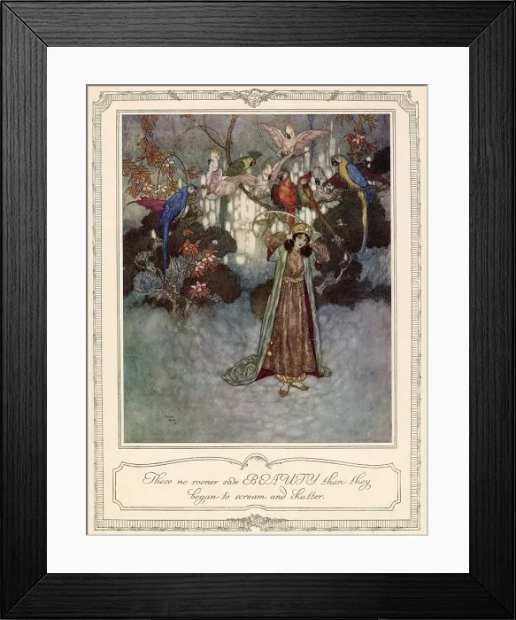 Framed Print : These no sooner saw BEAUTY than they began to screech and chatter. Scene from Beauty and the Beast illustrated by Edmund Dulac. Date: 1911 Framed Print : These no sooner saw BEAUTY than they began to screech and chatter. Scene from Beauty and the Beast illustrated by Edmund Dulac. Date: 1911