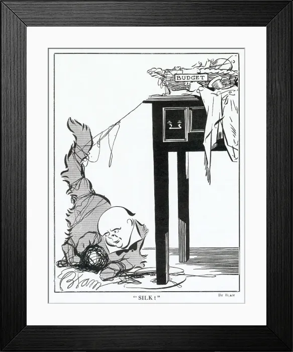Framed Print : Winston Churchill the Chancellor of the Exchequer at the time, portrayed as a kitten playing with a ball of wool, representing the export of artificial silk. Date: May 1925 Framed Print : Winston Churchill the Chancellor of the Exchequer at the time, portrayed as a kitten playing with a ball of wool, representing the export of artificial silk. Date: May 1925