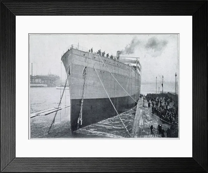 Framed Print : RMS Baltic, the world's largest ship until May 1906. Designed as a cargo boat as well as to carry 2, 000 passengers. Photograph showing the steamer brought up alongside the jetty. Date: 21st November 1903 Framed Print : RMS Baltic, the world's largest ship until May 1906. Designed as a cargo boat as well as to carry 2, 000 passengers. Photograph showing the steamer brought up alongside the jetty. Date: 21st November 1903