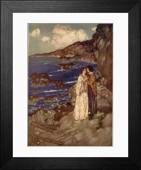 Framed Print : The Tempest by William Shakespeare. Act III, Scene I. Ferdinand: Here's my hand. Miranda: And mine, with my heart in't. Illustration by Edmund Dulac. Date: 1908 Framed Print : The Tempest by William Shakespeare. Act III, Scene I. Ferdinand: Here's my hand. Miranda: And mine, with my heart in't. Illustration by Edmund Dulac. Date: 1908